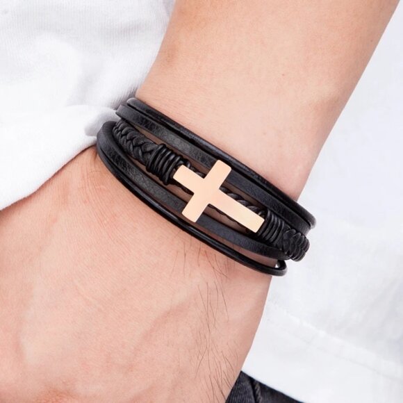 LEATHER 3 JOINED BRACELETS STAINLESS CLASP SILVER CROSS ADJUSTABLE UNISEX NWT - Picture 2 of 9